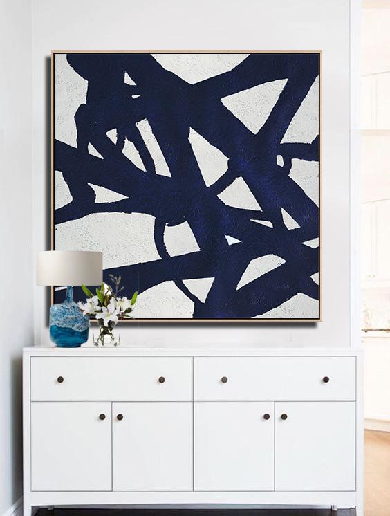 Hand Painted Extra Large Abstract Painting,Hand Painted Navy Minimalist Painting On Canvas,Big Canvas Painting